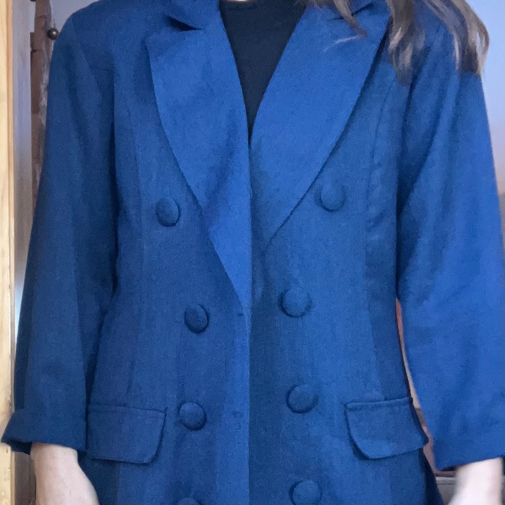 Vintage 1980s Contrived Clash Navy Double-Breasted Blazer w/ Shoulder Pads, USA